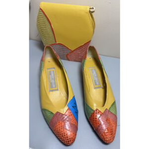 Andrew Geller Kitten Heel 1980s Snakeskin Leather Pumps‎ Colorblock Vtg. W/purse
